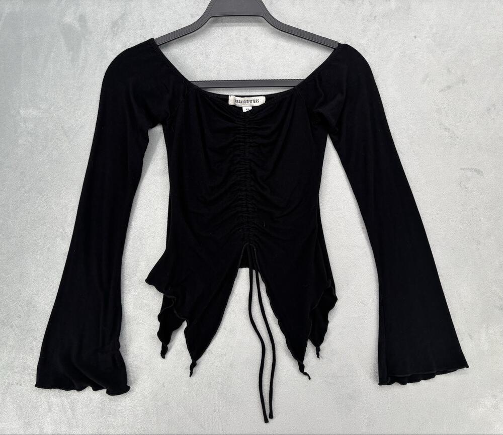 Wimsigoth Blouse Womens XS Black Cropped Scoop Neck Bell Sleeve Fairygrunge